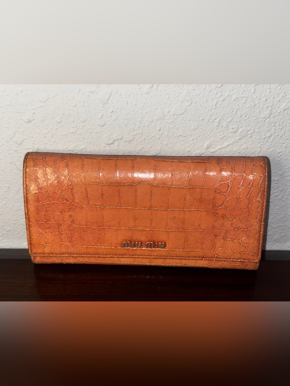 Miu Miu Croc-Embossed Orange Leather Wallet with Gold Logo